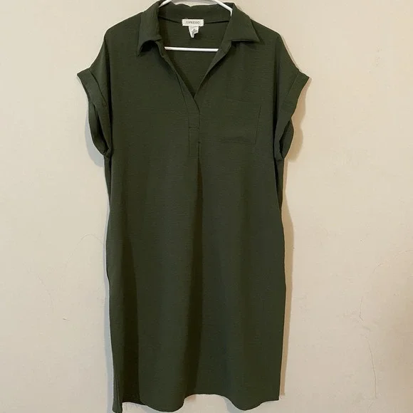 Olive Green Loose Fit short sleeve Midi T-Shirt Dress S/M espresso EUC POCKETS - Picture 2 of 7